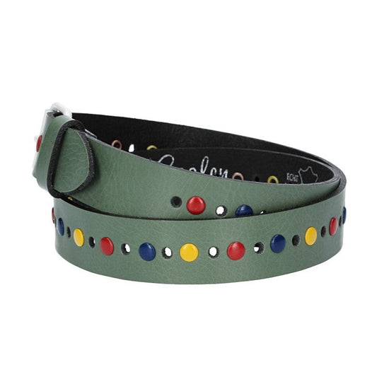 Ledergürtel Kids 25mm in Grün mit durchgehender Lochung, bunten Nieten und weißer Rollschließe - leder-accessoires.com