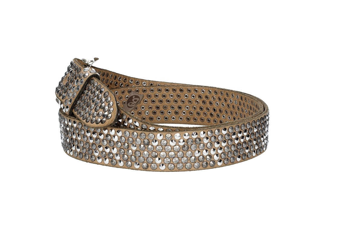 Nietengürtel 35mm in Taupe mit Pyramidennieten und Dornschließe Silber - leder-accessoires.com