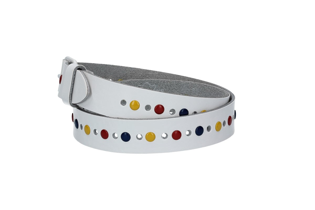 Ledergürtel Kids 25mm in Weiß mit durchgehender Lochung, bunten Nieten und weißer Rollschließe - leder-accessoires.com