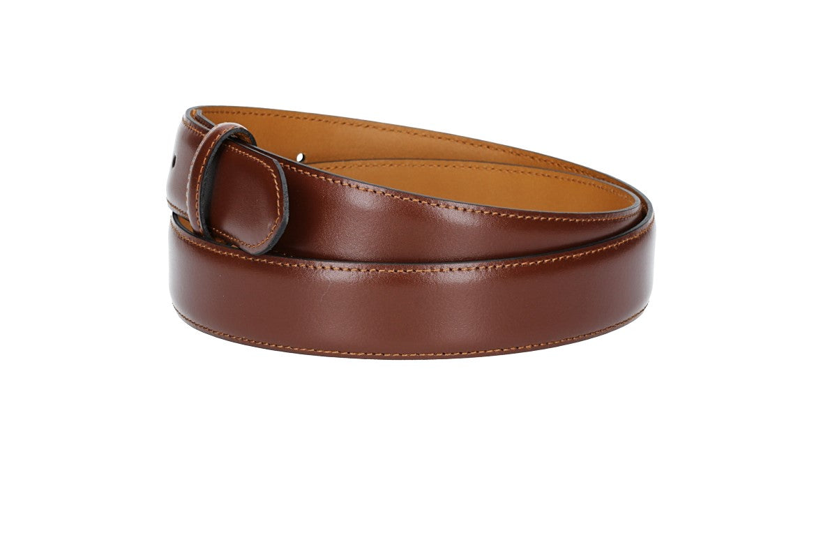 Lederriemen | Gürtelrohling 35mm bombiert in Cognac mit Schlaufe und Kapplochteil - leder-accessoires.com