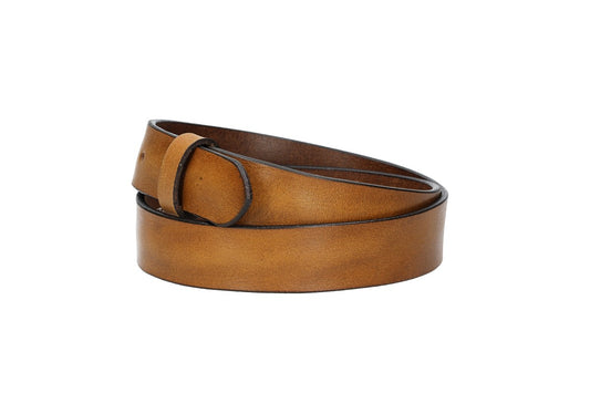 Lederriemen | Gürtelrohling Glanz 35mm in Ocker|Senfgelb mit Schlaufe und Kapplochteil - leder-accessoires.com