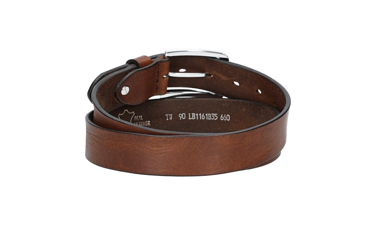 Ledergürtel Cognac 35mm mit Dornschließe in Silber - leder-accessoires.com