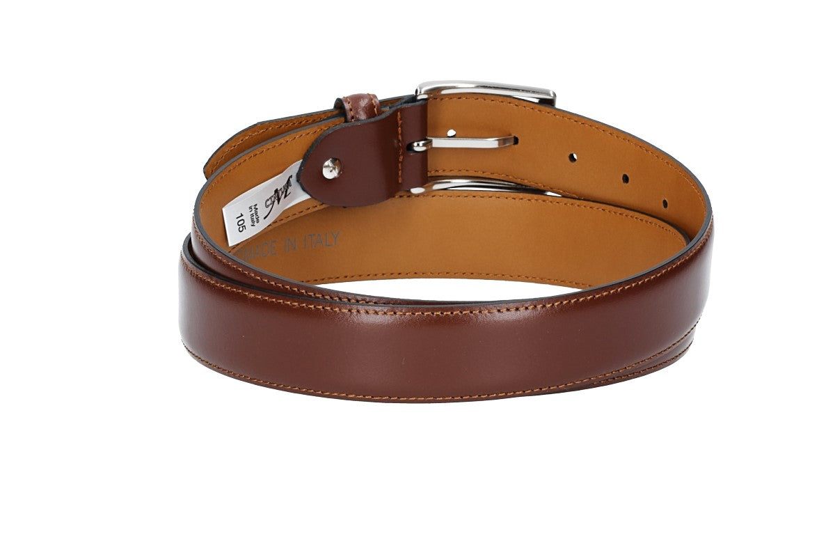 Herren-|Anzugsgürtel 35mm bombiert und abgenäht in Cognac mit Dornschließe - leder-accessoires.com