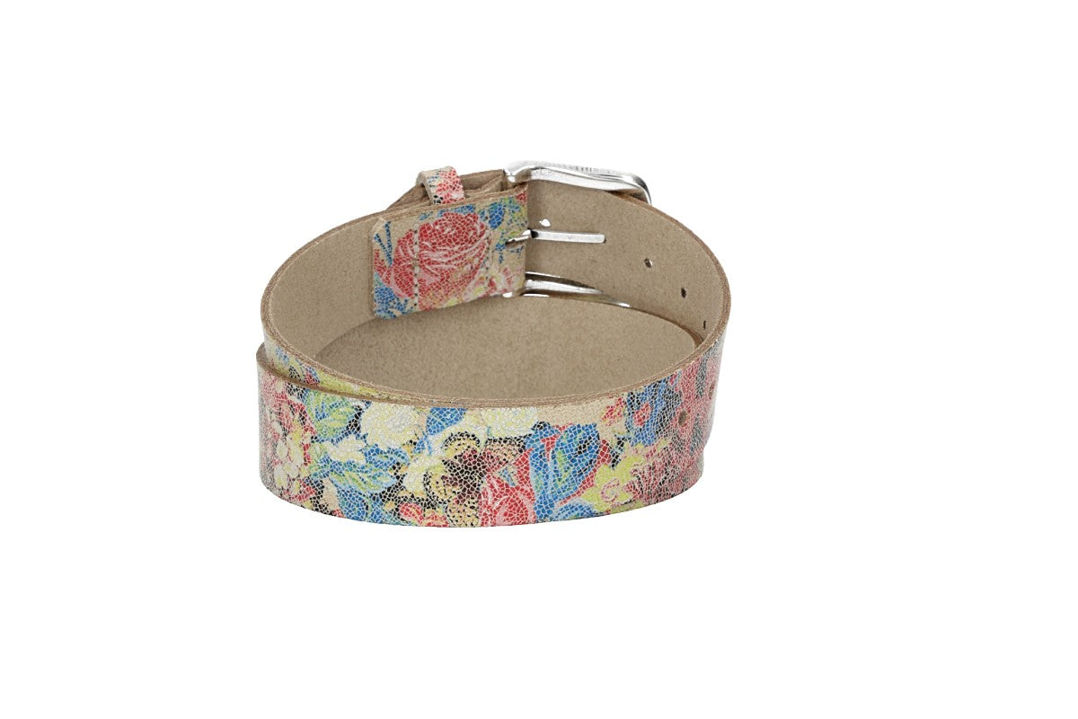 Ledergürtel Kids 30mm in Beige mit floralem Muster und Schließe Silber - leder-accessoires.com