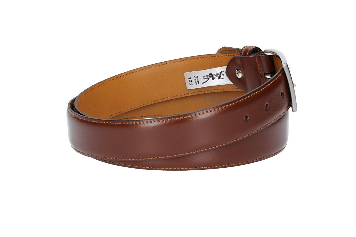 Herren-|Anzugsgürtel 35mm bombiert und abgenäht in Cognac mit Dornschließe - leder-accessoires.com