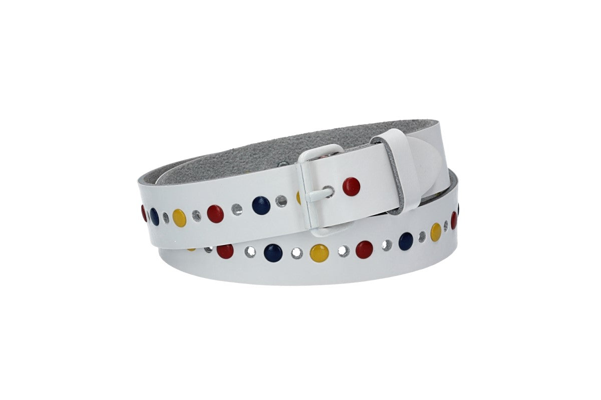 Ledergürtel Kids 25mm in Weiß mit durchgehender Lochung, bunten Nieten und weißer Rollschließe - leder-accessoires.com