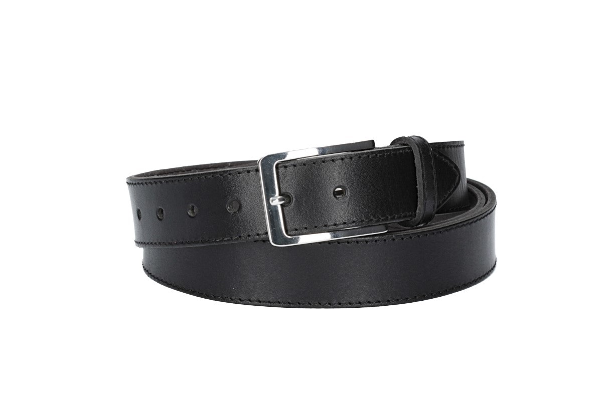 Ledergürtel Überlänge Schwarz 35mm abgenäht mit glänzender Schließe - leder-accessoires.com
