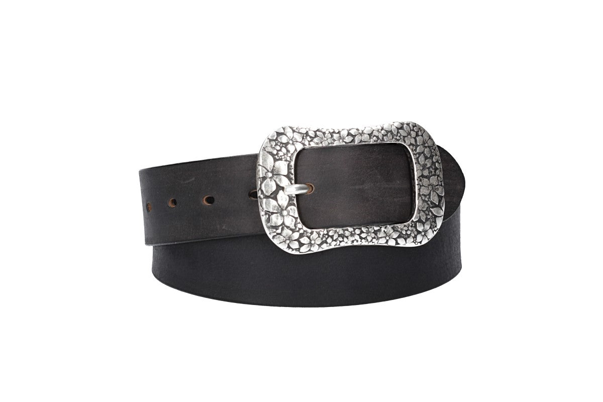 Ledergürtel Schwarz 40mm mit Blumenschließe - leder-accessoires.com