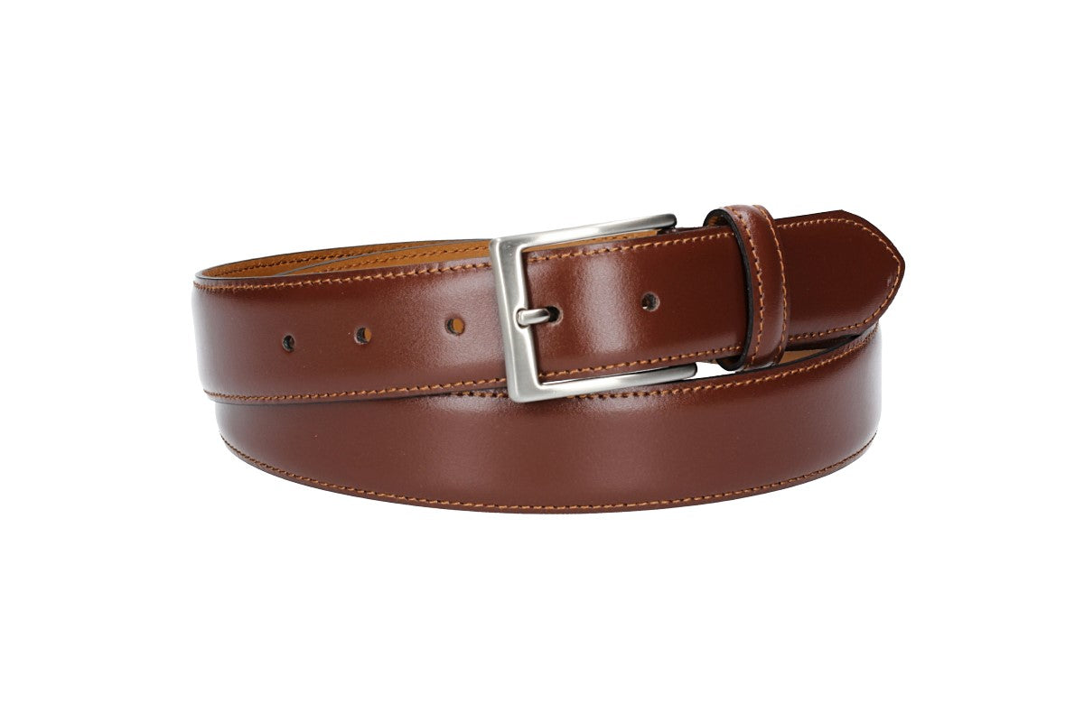 Herren-|Anzugsgürtel 35mm bombiert und abgenäht in Cognac mit Dornschließe - leder-accessoires.com