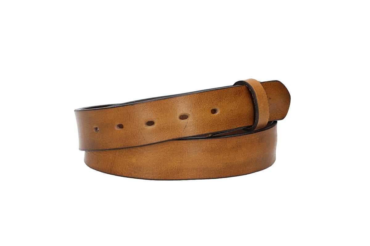 Lederriemen | Gürtelrohling Glanz 35mm in Ocker|Senfgelb mit Schlaufe und Kapplochteil - leder-accessoires.com