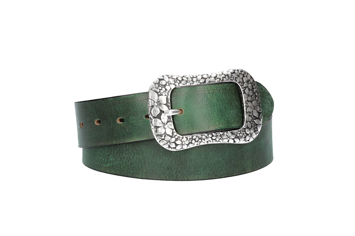 Ledergürtel Grün 40mm mit Blumenschließe - leder-accessoires.com