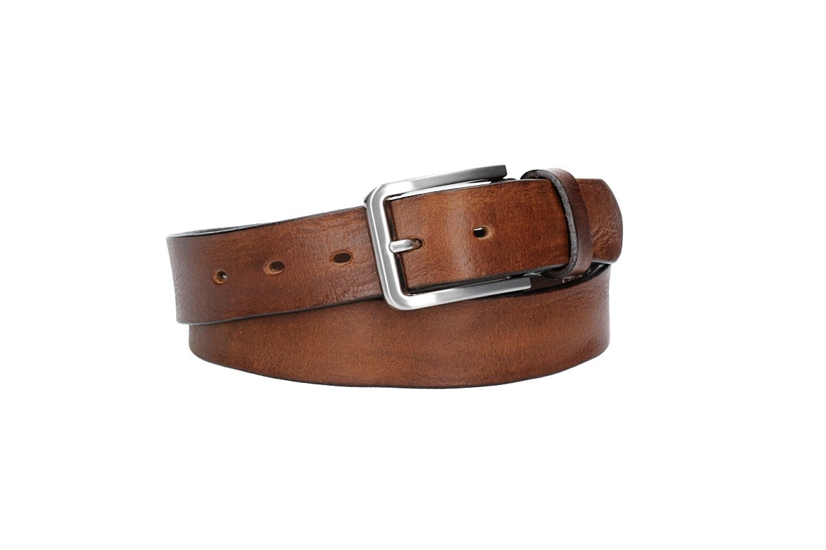 Ledergürtel Cognac 35mm mit Dornschließe in Silber - leder-accessoires.com