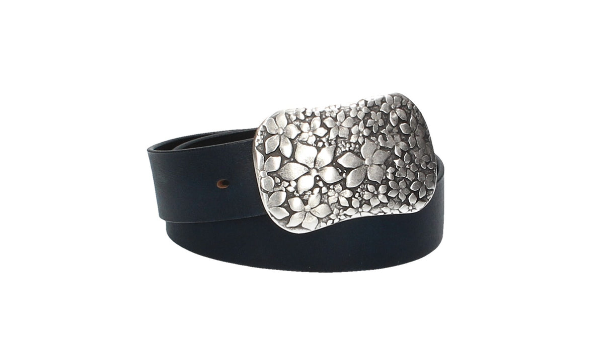 Ledergürtel Blau 40mm mit Blumenschließe|Koppelschließe - leder-accessoires.com